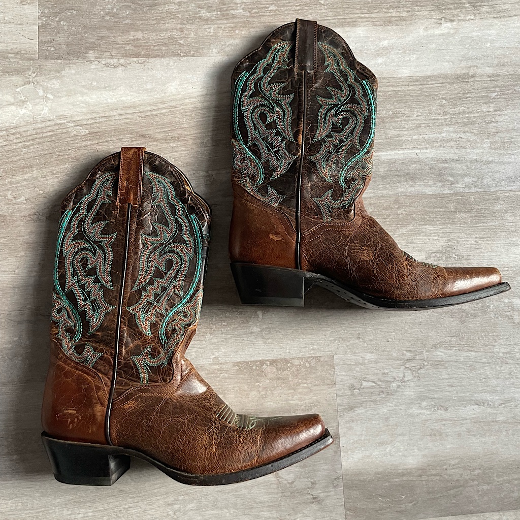 J.B. Dillon Brown & Teal Leather Cowboy Boots